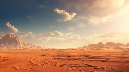 Fotobehang Warm oranje A vast desert landscape with rolling sand dunes and a mirage shimmering on the horizon under a scorching sun-
