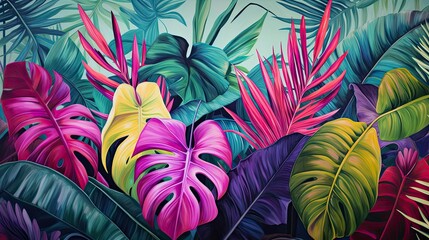 Colorful Tropical Leaves and Flowers Painting, Wallpaper, Background - Powered by Adobe