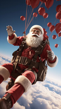 Santa Claus enjoy smile and extreme at Christmas in Paracaidas that arrives from heaven taking gifts to children with red balloons