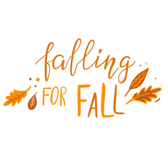 Falling for fall, hand lettered saying, quote about autumn with cute yellow leaves