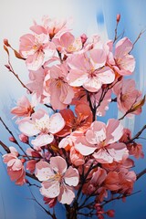 A painting of pink flowers against a blue background. Imaginary photorealistic image. Beautiful sakura.