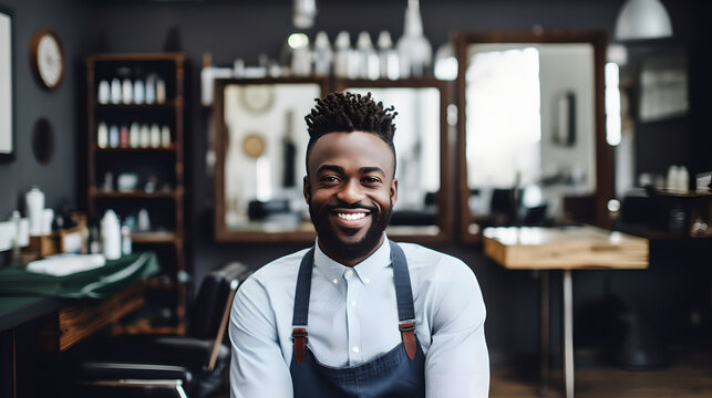 Portrait of handsome young barber posing with his arms crossed inside a barbershop, stylish barbershop owner standing confident with his arms crossed