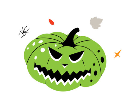 Pumpkin scary face, autumn vegetable. Halloween pumpkin. Vector illustration.
