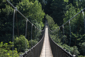 horizontal view of a suspension bridge