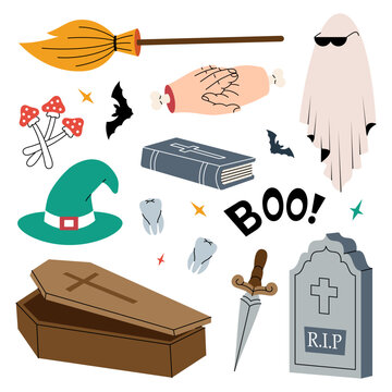 Happy Halloween bundle. Halloween creepy holiday. Mushroom, ghost, magic hat, old tomb, coffin, bat. Trick or treat.