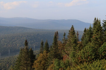 Beautiful mountains landscape with fog. Environment and preservation of the nature. Outdoor activities and autumn. Nature background with trees and mountains. Canada landscape and wildlife.  
