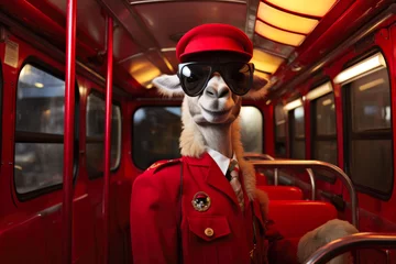 Gardinen A giraffe as a bus conductor dressed in red uniform and sunglasses. Imaginary photorealistic image. © tilialucida
