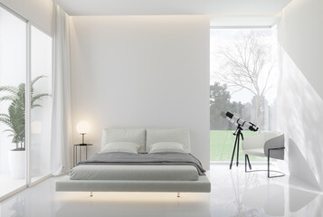Minimal style white bedroom with a telescope in the glass window 3d render