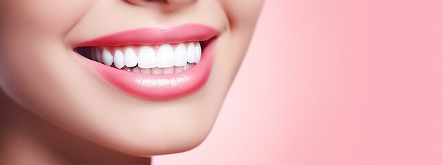 Charming female smile with dazzling white teeth, showing excellent dental health and hygiene. Ideal for dental illustrations. Copy space - obrazy, fototapety, plakaty