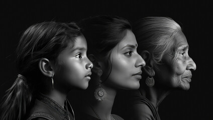 Side profile of three generations of Indian women