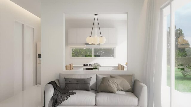 Animation of minimal style small white living room overlooking dining room and kitchen behind 3d render decorate with white and gray fabric sofa there are large window see trough to nature view