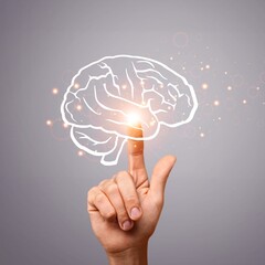 Man hand with hologram brain illustration