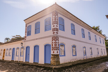 Fototapeta premium Street of historical center in Paraty, Rio de Janeiro, Brazil. Paraty is a preserved Portuguese colonial and Brazilian Imperial municipality