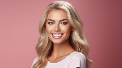 Beautiful young woman with a charming smile with dazzling white teeth, showing excellent dental health and hygiene. Ideal for dental illustrations. Copy space