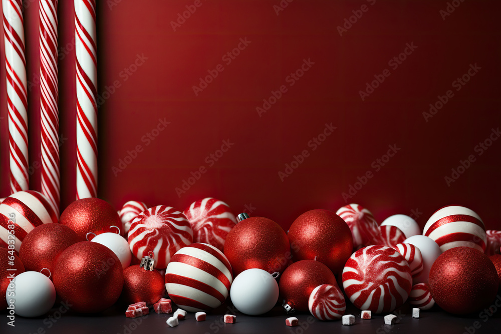 Wall mural striped christmas candy’s decoration on red background