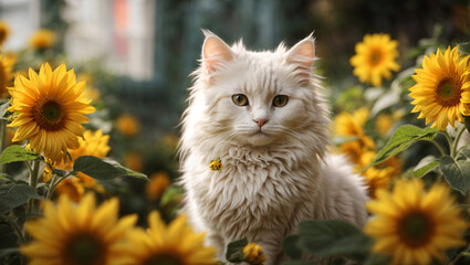 Naklejka na ściany i meble cute white fluffy cat in the garden surrounded by gorgeous yellow flowers