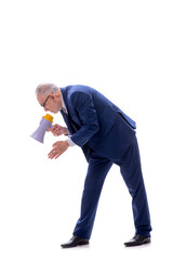 Old businessman holding megaphone isolated on white
