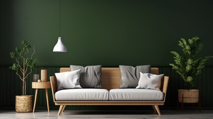 Cozy wooden sofa with white cushions near dark green wall. Generative AI