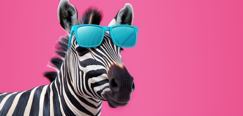 Zebra in sunglass shade glasses, left position, isolated on solid pastel background. Generative AI - obrazy, fototapety, plakaty