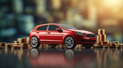 Fototapeta na wymiar Red car on coins. Car insurance, car loans, concept of savings money on car purchase. Generative AI