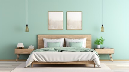 Minimalist interior design of modern bedroom with mint wall. Generative AI