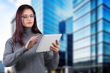 Portrait of successful business woman hold digital tablet