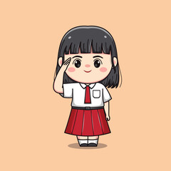 Indonesian student elementary school saluting cute kawaii girl character