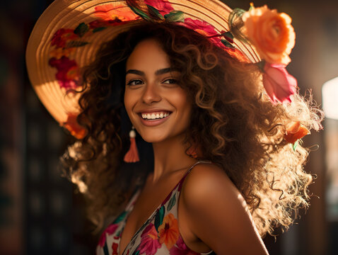 A beautiful Mexican woman wearing a hat in a stunning portrait of beauty marked by expressive features. Face of a smiling Mexican woman that radiates the essence of Mexican culture.