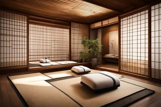 Generate an AI image of a spa with a Japanese-inspired meditation room featuring tatami cushions and sliding doors. 