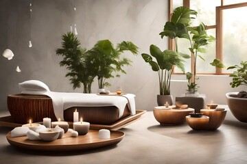 Imagine an AI-enhanced spa that utilizes aromatherapy and soundscapes for ultimate relaxation.  - obrazy, fototapety, plakaty