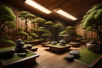 Zelfklevend Fotobehang Design a spa interior using AI that replicates the ambiance of a Japanese forest with bonsai trees and soft, natural lighting.  © ZUBI CREATIONS