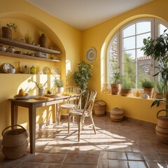 A dining room with plastered walls and French window
