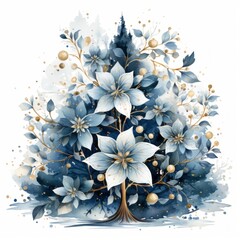 A blue Christmas tree illustration with flowers and white background. Generative AI. 