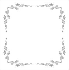 Black and white vegetal ornamental frame with daisy flowers, decorative border, corners for greeting cards, banners, business cards, invitations, menus. Isolated vector illustration.
