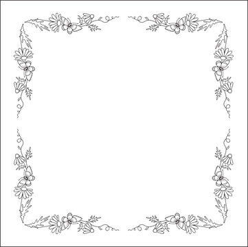 Black and white vegetal ornamental frame with butterflies and daisy flowers, decorative border, corners for greeting cards, banners, business cards, invitations, menus. Isolated vector illustration.