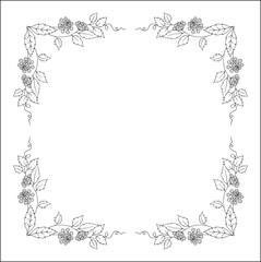 Black and white vegetal ornamental frame with lantana flowers, decorative border, corners for greeting cards, banners, business cards, invitations, menus. Isolated vector illustration.