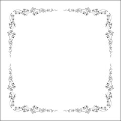Black and white vegetal ornamental frame with flowers, decorative border, corners for greeting cards, banners, business cards, invitations, menus. Isolated vector illustration.