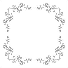 Black and white vegetal ornamental frame with cosmos flowers, decorative border, corners for greeting cards, banners, business cards, invitations, menus. Isolated vector illustration.