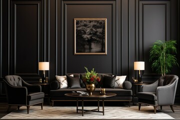 Black velvet sofa and armchairs against classic paneling wall. Hollywood glam style interior design of modern living room | Generative AI