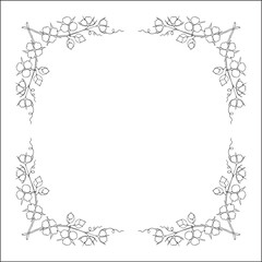Black and white vegetal ornamental frame with cotton twigs, decorative border, corners for greeting cards, banners, business cards, invitations, menus. Isolated vector illustration.