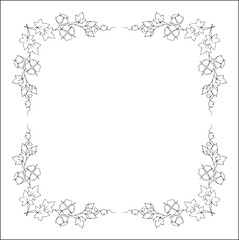 Black and white vegetal ornamental frame with cotton twigs, decorative border, corners for greeting cards, banners, business cards, invitations, menus. Isolated vector illustration.