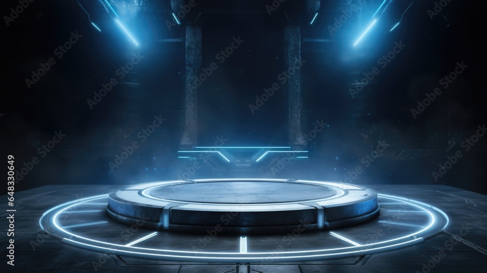 Poster cyberpunk theme. empty podium design for product display. background for presentation or showcase pe