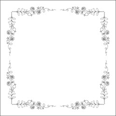 Black and white vegetal ornamental frame with field flowers bouquet, decorative border, corners for greeting cards, banners, business cards, invitations, menus. Isolated vector illustration.