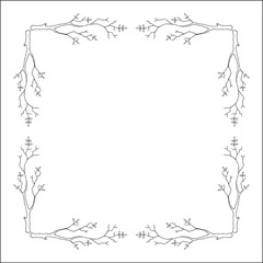 Black and white vegetal ornamental frame with tree branches, decorative border, corners for greeting cards, banners, business cards, invitations, menus. Isolated vector illustration.