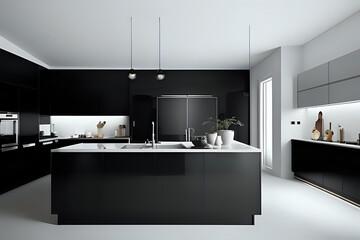 A chic modern kitchen that seamlessly blends bold design choices with bathroom. Black and white composition