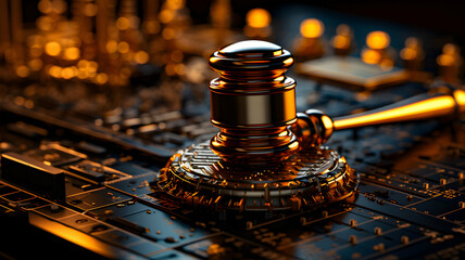 Judicial gavel and AI symbol. Jurisprudence and ban artificial intelligence concept. - obrazy, fototapety, plakaty