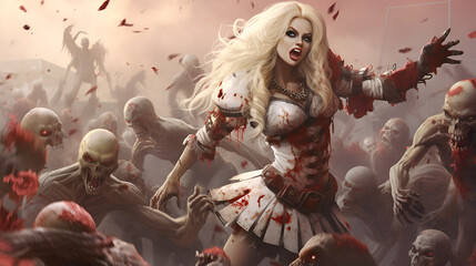Blood soaked zombie girl cheerleader with flowing blonde hair leads an undead army  - obrazy, fototapety, plakaty