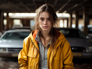 A young woman is captured in an unusual setting: an underground parking lot. Portrait of woman in parking lot in everyday life.