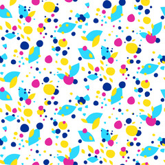 Seamless pattern with abstract shapes and geometry elements. Bright contrast colors.