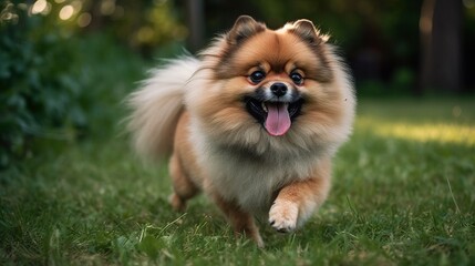 playful pomeranian dog in the grass, park, field, yard
